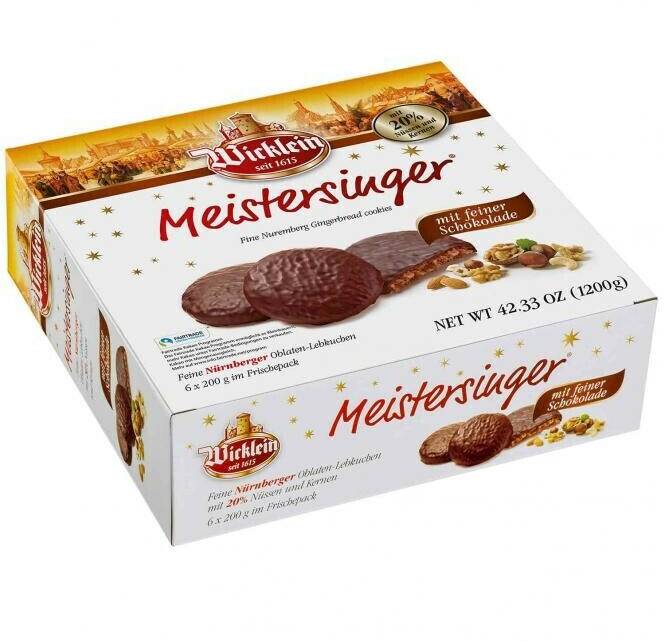 Wicklein Meistersinger Feine Nürnberger Oblaten-Lebkuchen schokoliert Wicklein Meistersinger Feine Nürnberger Oblaten-Lebkuchen schokoliert6x200g